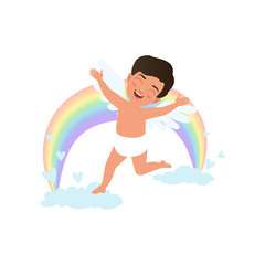 Cute happy baby Cupid character jumping on clouds with rainbow, Happy Valentines Day concept vector Illustration