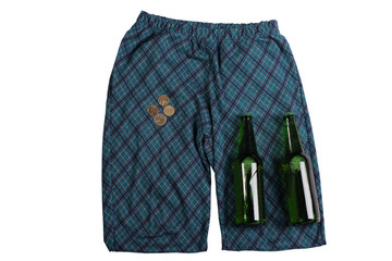 Saint Patrick day. Green beer with green symbol and coins.
