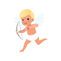 Cute blonde baby Cupid character shooting a bow, Happy Valentines Day concept vector Illustration