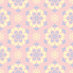 Floral seamless pattern. Pale pink background with light blue and yellow flower elements