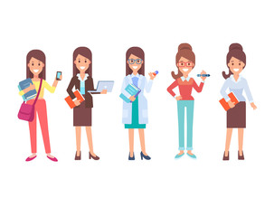 Obraz premium Set of characters in a flat style. Women's profession. Doctor, student, designer, teacher, manager. 