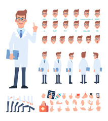 Male Doctor character. Character creation set with various views, face emotions, lip sync, poses and gestures. Parts of body template for design work and animation.