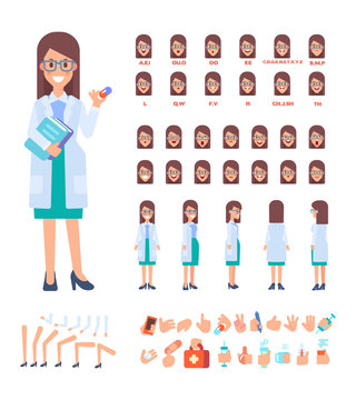 Front, side, back view animated character. Female doctor character creation set with various views, hairstyles, face emotions, poses and gestures. Cartoon style, flat vector illustration.