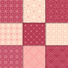 Cherry red and beige geometric ornaments. Collection of seamless patterns