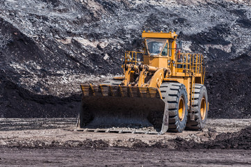 Mining Equipment or Mining Machinery, Bulldozer, wheel loader, shovels, loading of coal, ore on the dump truck from open-pit or open-cast mine as the Coal Production.