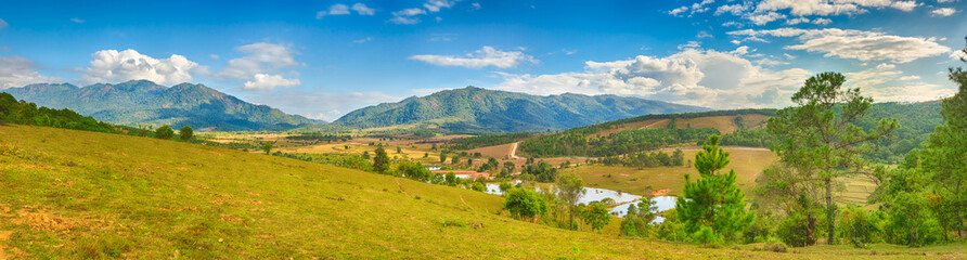  Beautiful landscape, mountain on background.Vang Vieng, Laos. Panorama