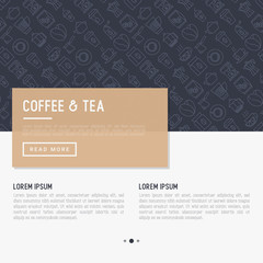 Coffee and tea concept with thin line icons: take away paper cups, cezve, coffee machine, teapot, cappuccino, cup, tea with lemon, grinder. Modern vector illustration for web page, print media.
