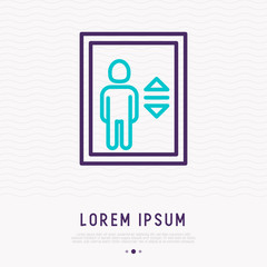 Man inside elevator thin line icon. Modern vector illustration.
