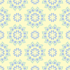 Beige colored floral seamless pattern. Background with light blue and green flower elements