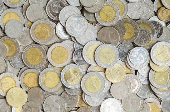 Thai money coins on table.