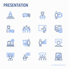 Presentation thin line icons set: seminar, human at tribune, meeting, projector , audience, video call, conference, discussion. Modern vector illustration.