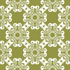 White flower on olive green background. Seamless pattern