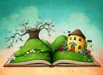 Holiday greeting card magic book with green spring landscape and Easter Egg House. 