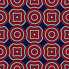Geometric seamless pattern. Colored red and beige design on blue background