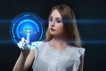 The concept of business, technology, the Internet and the network. A young entrepreneur working on a virtual screen of the future and sees the inscription: New customers