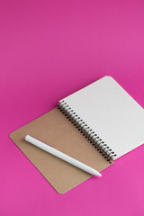 Top view of open notebook with fountain pen on pink background