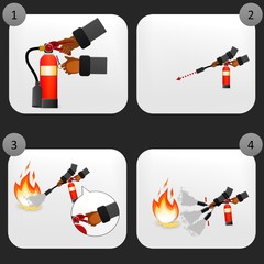 Fototapeta premium Fire extinguisher instruction labels set. Instruction extinguisher and protection of fire with extinguisher illustration