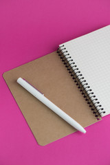 Top view of open notebook with fountain pen on pink background