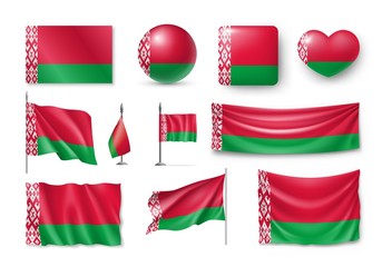 Set Belarus flags, banners, banners, symbols, flat icon. Vector illustration of collection of national symbols on various objects and state signs