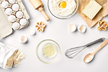 Fototapeta na wymiar Baking ingredients for pastry on the white table