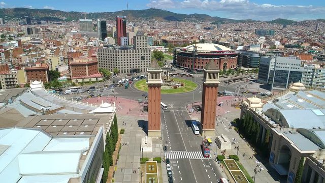 Aerial view of Espanya square Barcelona Spain, sunny summer day