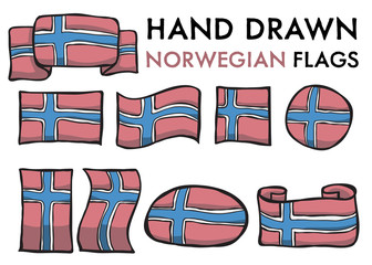 Set of Norwegian Hand Drawn / Doodled National Flags. High-Quality Vector Illustration. Grouped, Ready To Use!