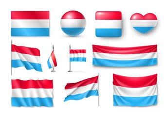 Set Luxembourg flags, banners, banners, symbols, flat icon. Vector illustration of collection of national symbols on various objects and state signs - obrazy, fototapety, plakaty