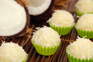 Traditional Brazilian chocolate candy called brigadeiro in white chocolate and coconut gourmet version