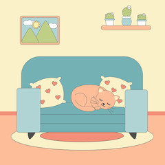 cute lovely cartoon vector illustration with cat lying on blue sofa