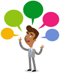 Vector illustration of an asian cartoon businessman with colorful speech balloons talking and gesturing.