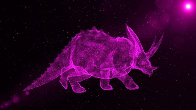 Triceratops, prehistoric extinct dinosaur walking through particles, fantasy 3D animation