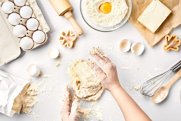 Baker preparing to knead the dough, top view. Cooking, bakery concept