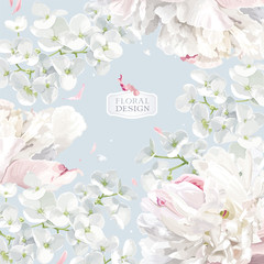 Peonies and Apple blossom floral vector background