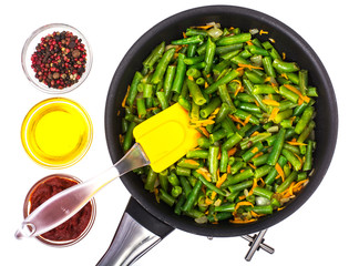 Green beans with onions and carrots. Delicious balanced nutrition concept