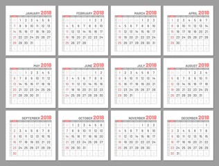 Set identical light calendars, 2018, months, flat. Vector illustration of menologies collection