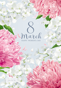 Chrysanthemums and Apple blossom for 8 March vector greeting card