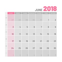 Practical light-colored planner, 2018, June, flat. Useful calendar for taking every day notes. Vector illustration