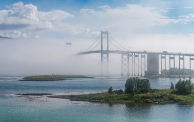Fototapeta na wymiar The Tjeldsund Bridge in the fog, Norway