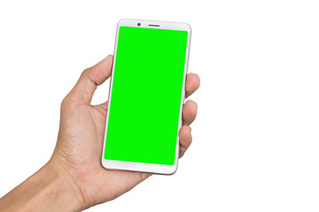 Hand man holding mobile smart phone with blank screen isolated on white background with clipping path