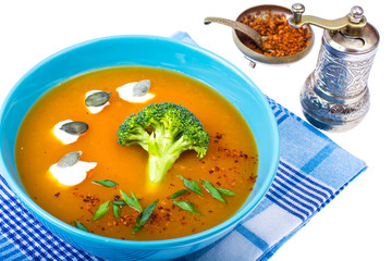 Correct and healthy diet. Dietary pumpkin soup with broccoli
