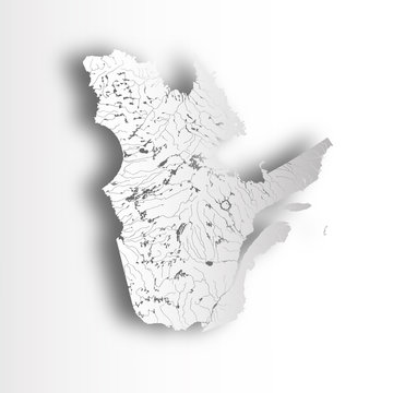 Provinces and territories of Canada - map of Quebec with paper cut effect. Rivers and lakes are shown.