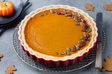 Pumpkin pie, tart made in a baking dish.