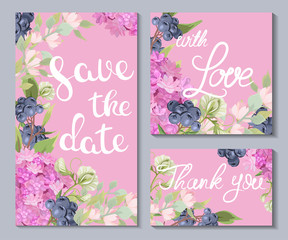 A set of wedding invitations and cards with beautiful pink flowers and berries