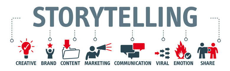 storytelling, banner with keywords and icons