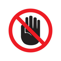 Forbidden sign with stop hand glyph icon. No entry prohibition. Do not touch. Silhouette symbol. Negative space. Vector isolated illustration