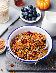 Healthy breakfast. Fresh pumpkin granola, muesli