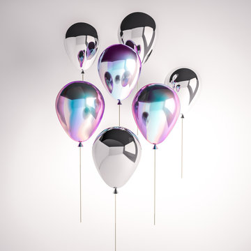 Set of iridescence holographic and silver foil balloons isolated on gray background. Trendy realistic design 3d elements for birthday, presentation, promo, party or other events.