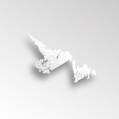 Provinces and territories of Canada - map of Newfoundland and Labrador with paper cut effect. Rivers and lakes are shown.