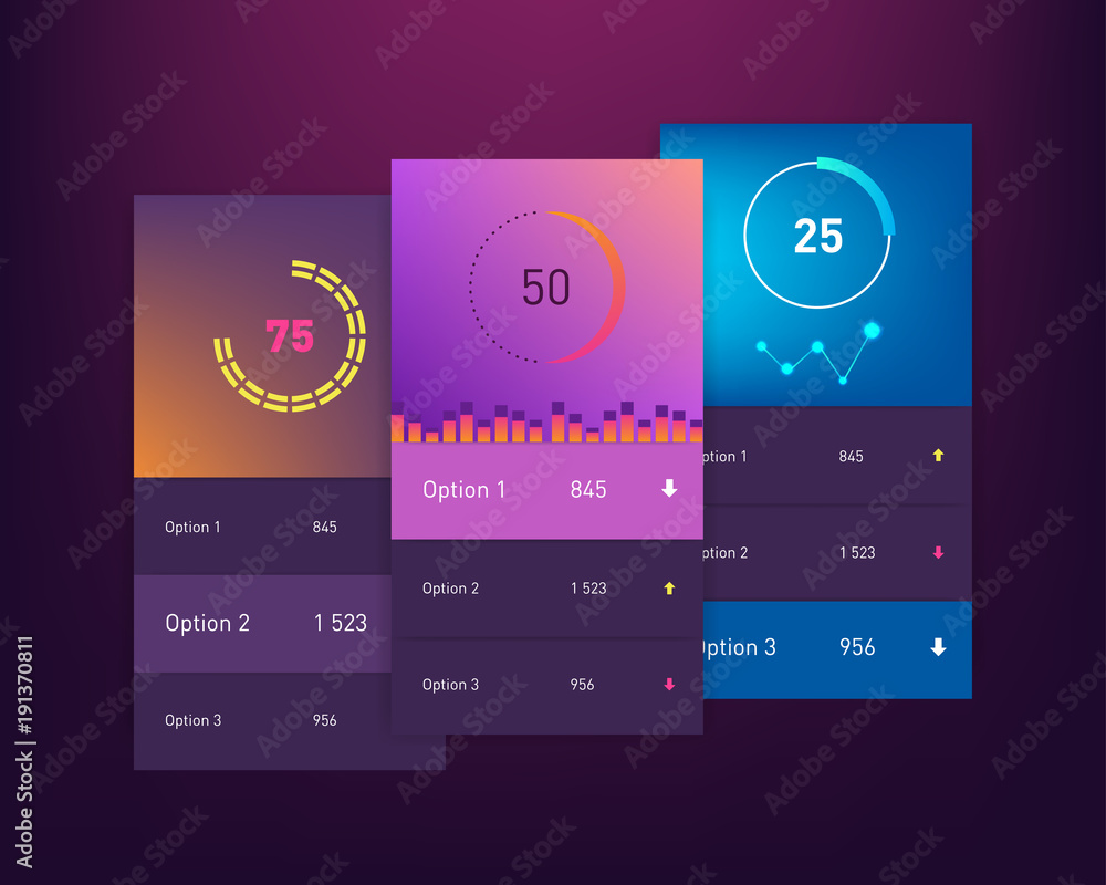 Aufkleber dashboard ui and ux kit. bar chart and line graph designs. different infographic elements. dark back