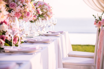 Table setting at a luxury wedding and Beautiful flowers on the table. - 191371003